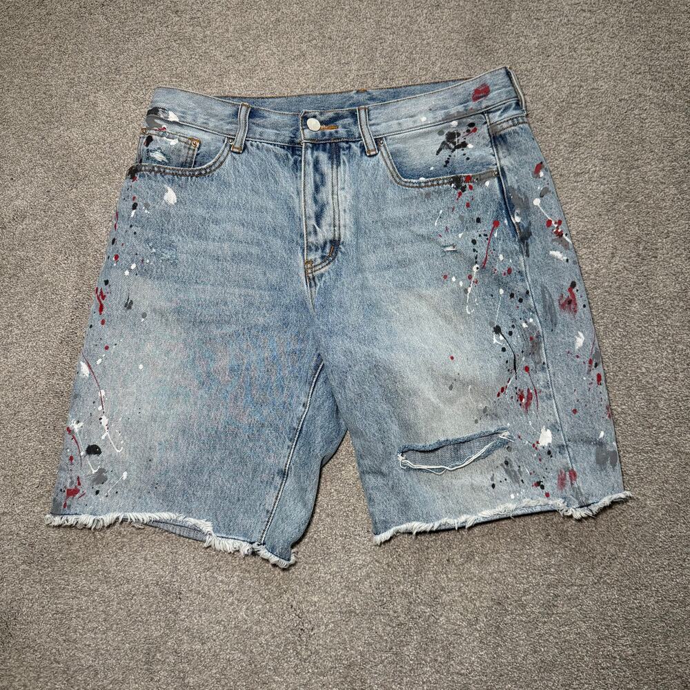 mnml Jean Shorts Mens 33 Blue Light Wash Denim Paint Splatter